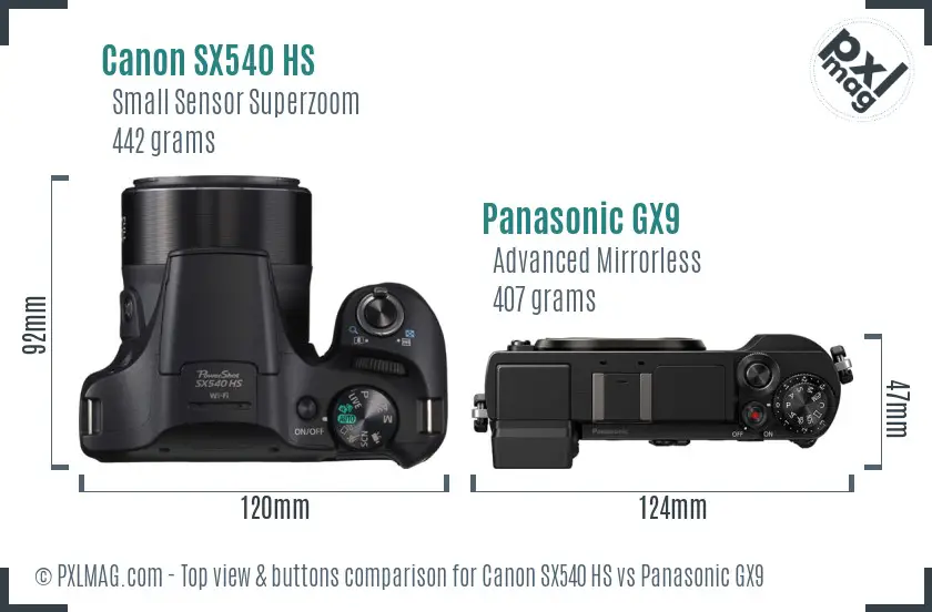 Canon SX540 HS vs Panasonic GX9 top view buttons comparison