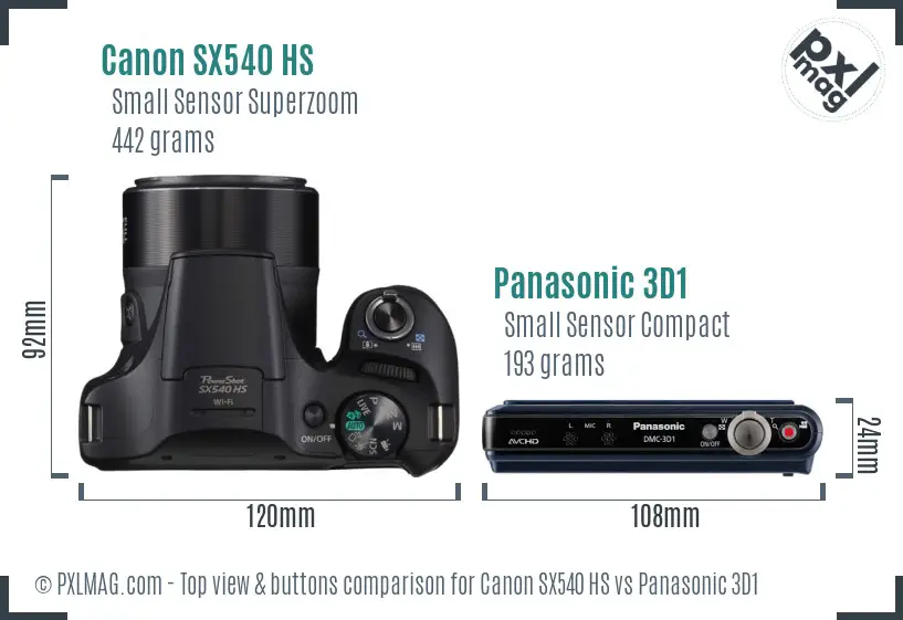 Canon SX540 HS vs Panasonic 3D1 top view buttons comparison
