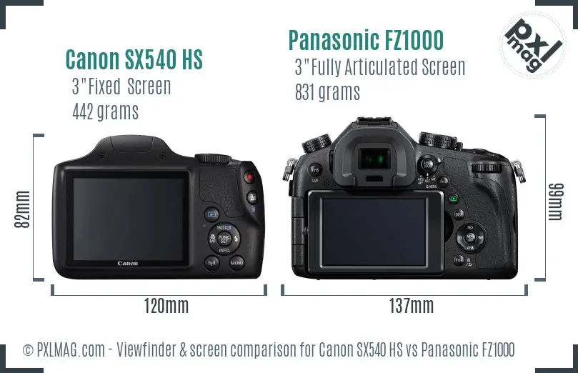 Canon SX540 HS vs Panasonic FZ1000 Screen and Viewfinder comparison