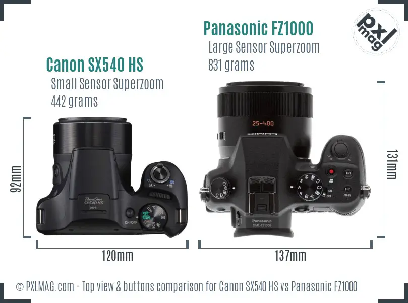 Canon SX540 HS vs Panasonic FZ1000 top view buttons comparison