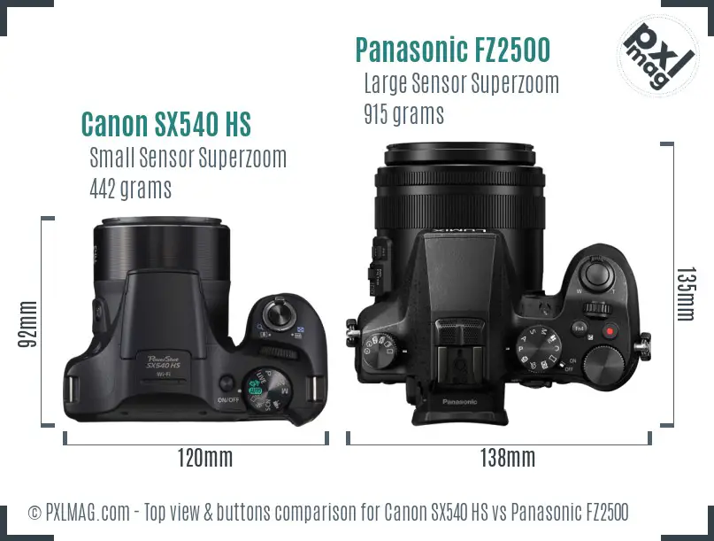 Canon SX540 HS vs Panasonic FZ2500 top view buttons comparison