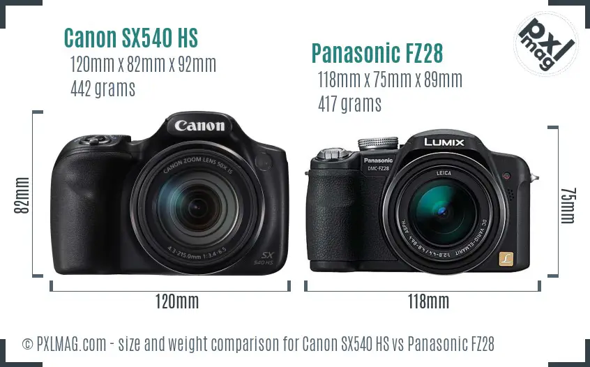 Canon SX540 HS vs Panasonic FZ28 size comparison Canon SX540 HS vs Panasonic FZ28 size comparison