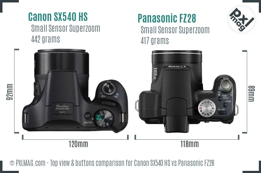 Canon SX540 HS vs Panasonic FZ28 top view buttons comparison Canon SX540 HS vs Panasonic FZ28 top view buttons comparison