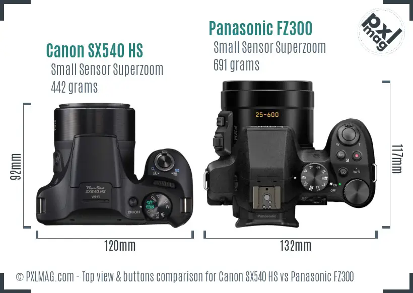 Canon SX540 HS vs Panasonic FZ300 top view buttons comparison