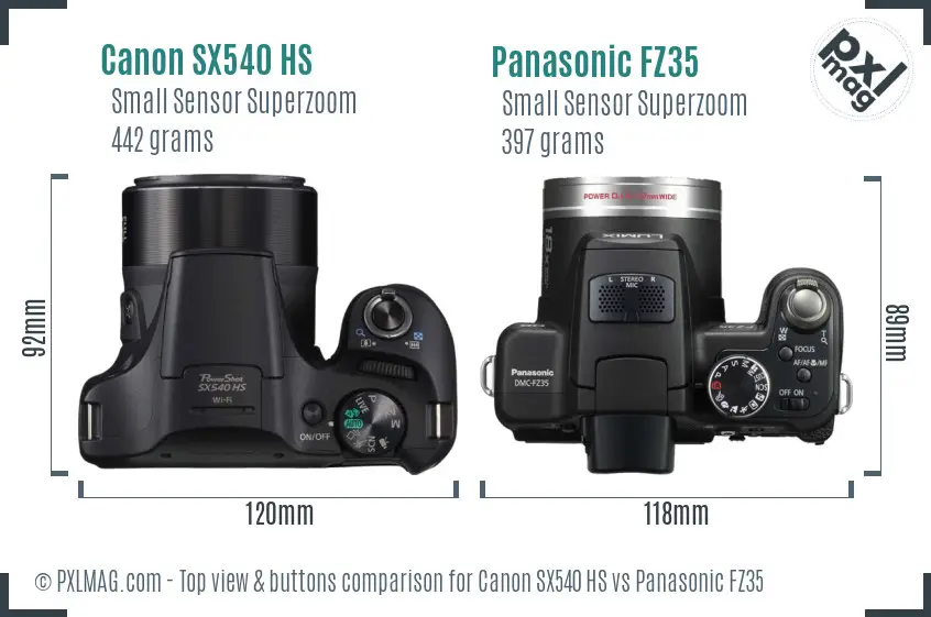 Canon SX540 HS vs Panasonic FZ35 top view buttons comparison