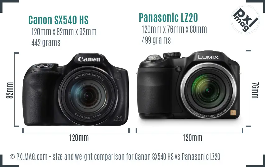 Canon SX540 HS vs Panasonic LZ20 size comparison