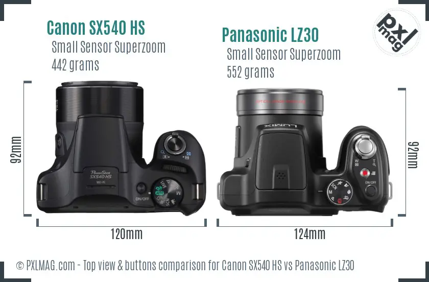 Canon SX540 HS vs Panasonic LZ30 top view buttons comparison