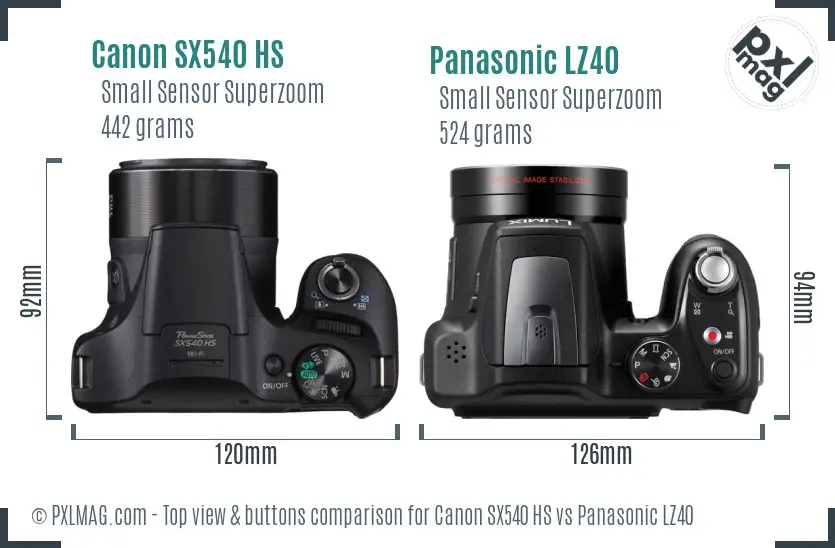 Canon SX540 HS vs Panasonic LZ40 top view buttons comparison Canon SX540 HS vs Panasonic LZ40 top view buttons comparison