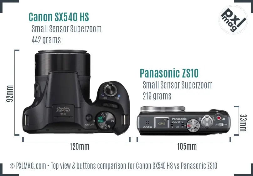 Canon SX540 HS vs Panasonic ZS10 top view buttons comparison