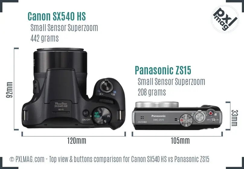 Canon SX540 HS vs Panasonic ZS15 top view buttons comparison