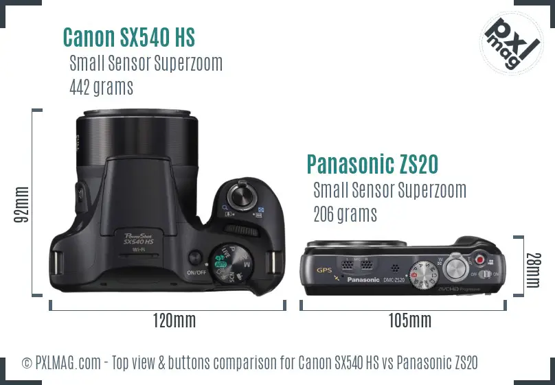 Canon SX540 HS vs Panasonic ZS20 top view buttons comparison Canon SX540 HS vs Panasonic ZS20 top view buttons comparison