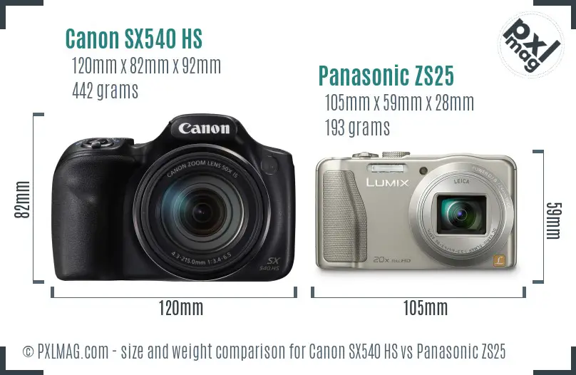 Canon SX540 HS vs Panasonic ZS25 size comparison