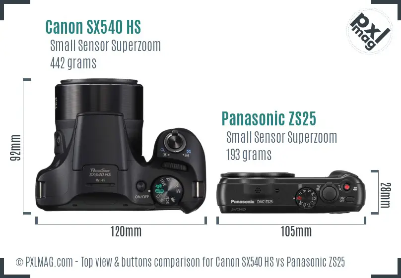 Canon SX540 HS vs Panasonic ZS25 top view buttons comparison