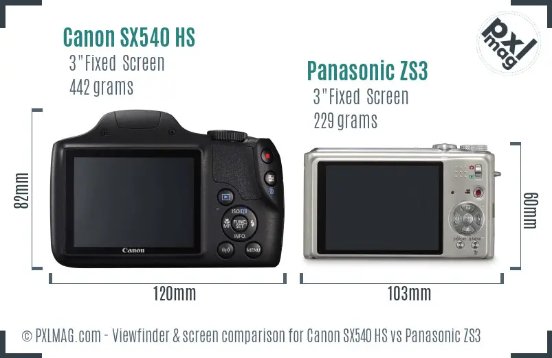 Canon SX540 HS vs Panasonic ZS3 Screen and Viewfinder comparison