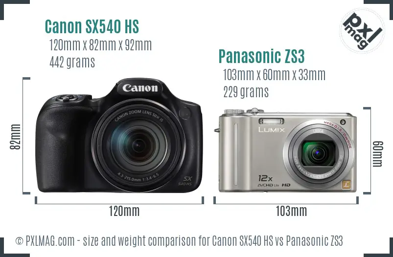 Canon SX540 HS vs Panasonic ZS3 size comparison