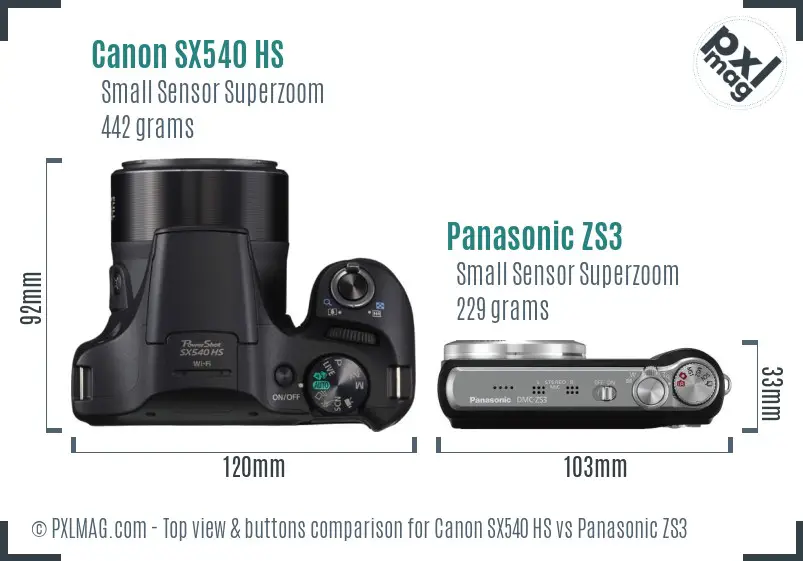 Canon SX540 HS vs Panasonic ZS3 top view buttons comparison