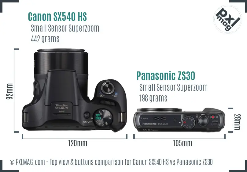 Canon SX540 HS vs Panasonic ZS30 top view buttons comparison Canon SX540 HS vs Panasonic ZS30 top view buttons comparison