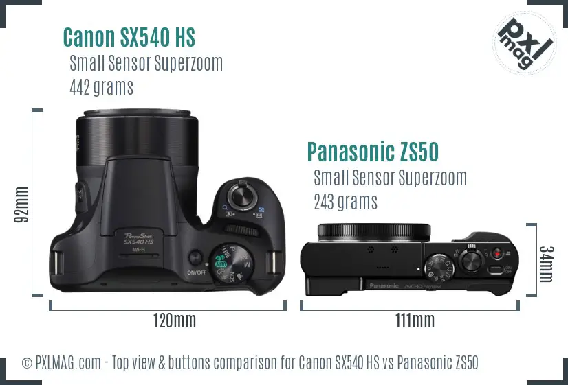 Canon SX540 HS vs Panasonic ZS50 top view buttons comparison