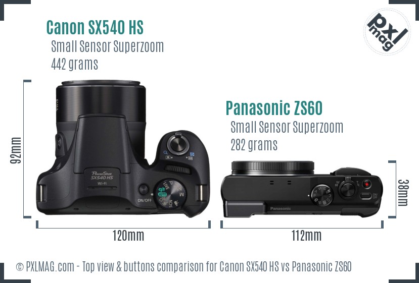 Canon SX540 HS vs Panasonic ZS60 top view buttons comparison