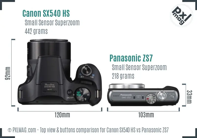 Canon SX540 HS vs Panasonic ZS7 top view buttons comparison