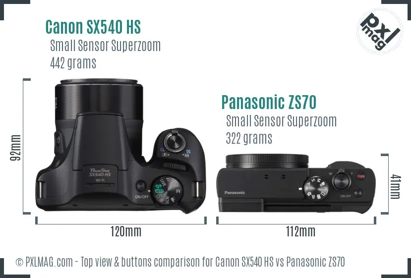 Canon SX540 HS vs Panasonic ZS70 top view buttons comparison