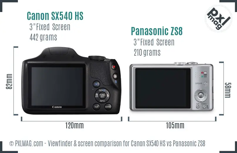 Canon SX540 HS vs Panasonic ZS8 Screen and Viewfinder comparison