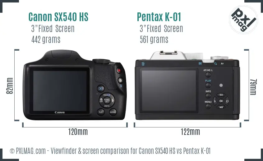 Canon SX540 HS vs Pentax K-01 Screen and Viewfinder comparison