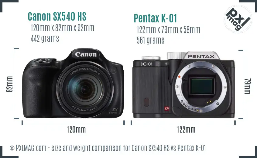 Canon SX540 HS vs Pentax K-01 size comparison