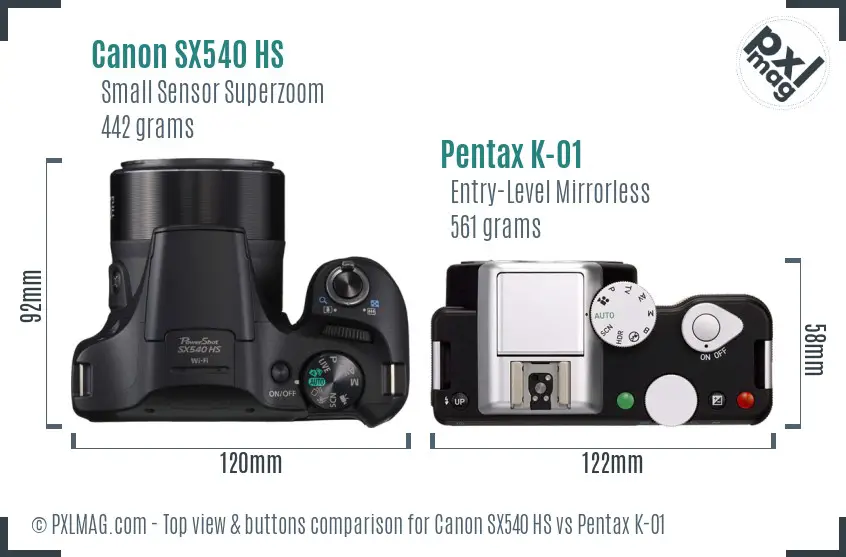 Canon SX540 HS vs Pentax K-01 top view buttons comparison