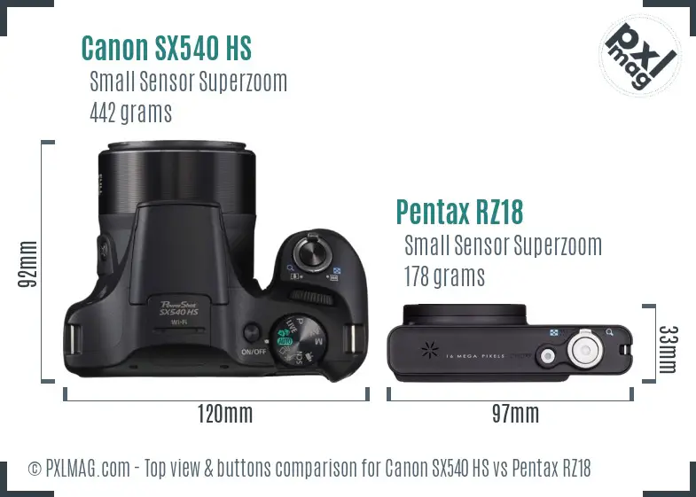 Canon SX540 HS vs Pentax RZ18 top view buttons comparison