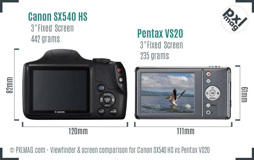 Canon SX540 HS vs Pentax VS20 Screen and Viewfinder comparison