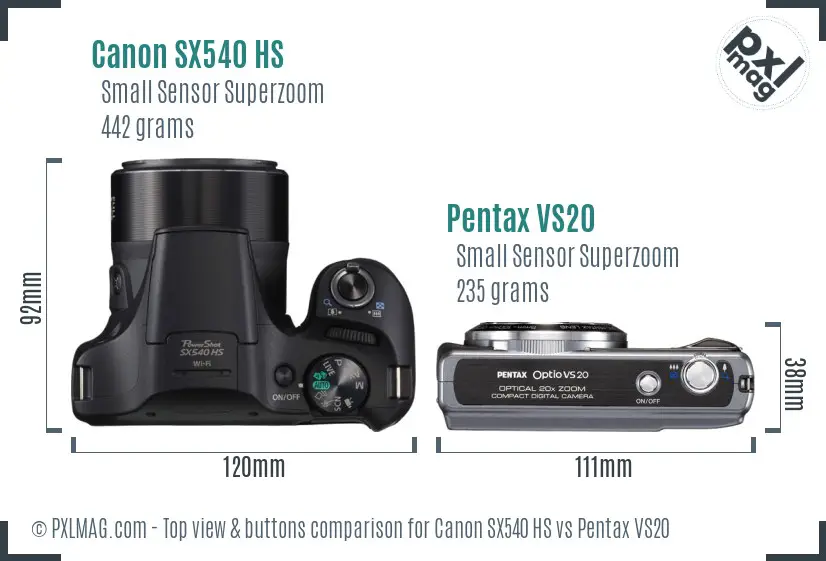 Canon SX540 HS vs Pentax VS20 top view buttons comparison