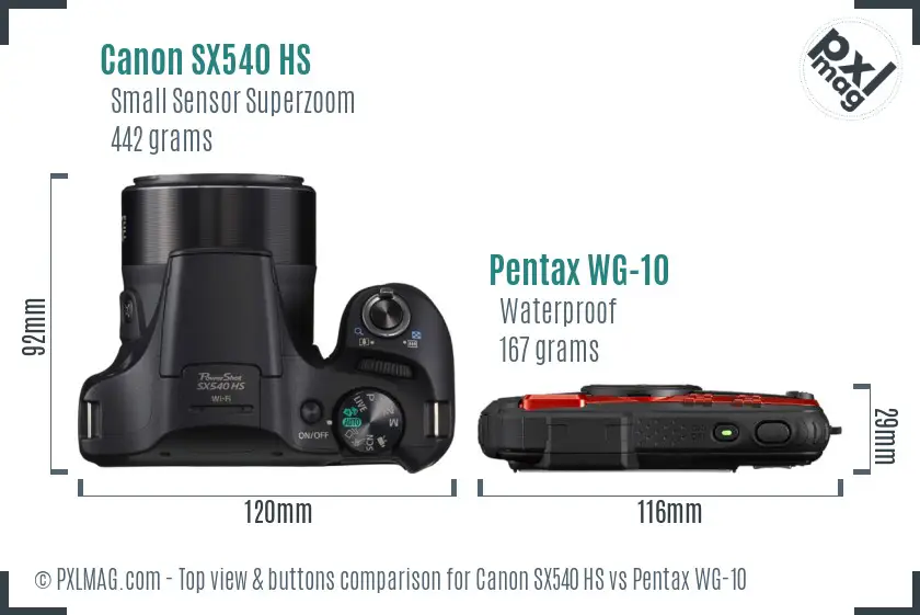 Canon SX540 HS vs Pentax WG-10 top view buttons comparison