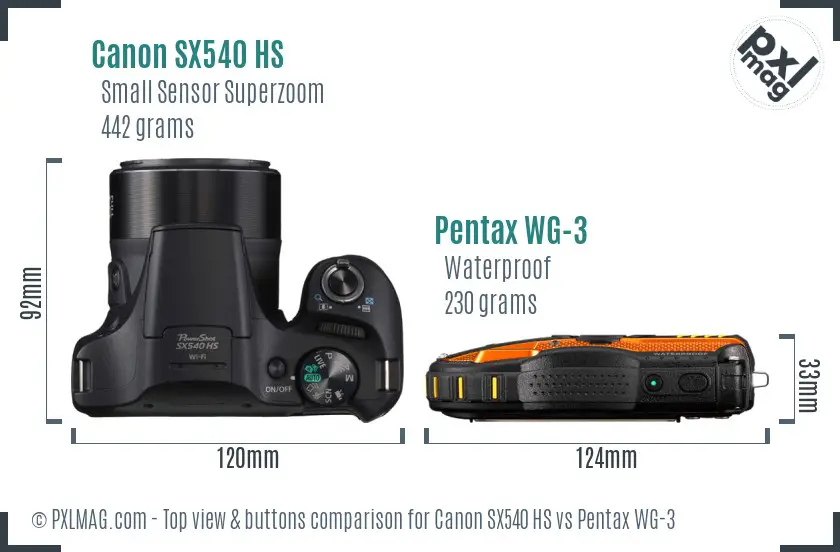 Canon SX540 HS vs Pentax WG-3 top view buttons comparison Canon SX540 HS vs Pentax WG-3 top view buttons comparison