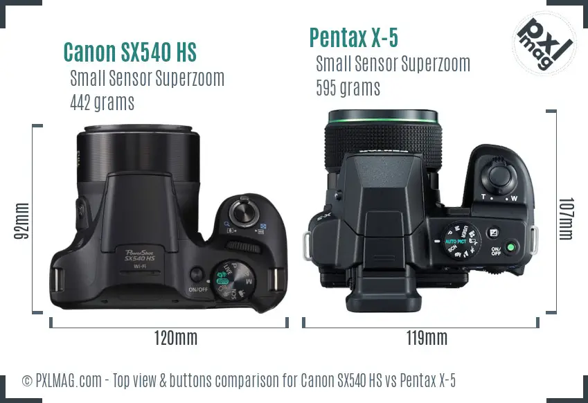 Canon SX540 HS vs Pentax X-5 top view buttons comparison