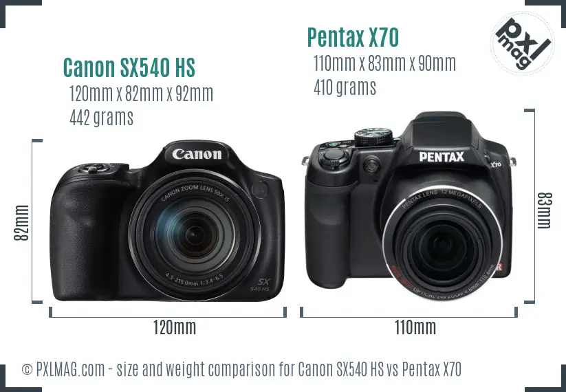 Canon SX540 HS vs Pentax X70 size comparison