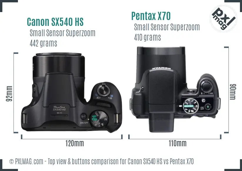 Canon SX540 HS vs Pentax X70 top view buttons comparison