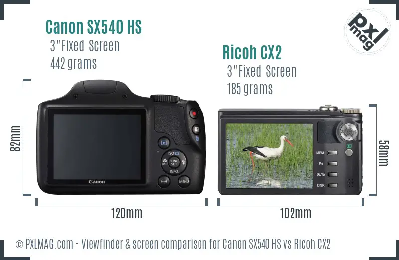 Canon SX540 HS vs Ricoh CX2 Screen and Viewfinder comparison