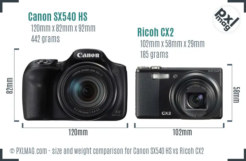 Canon SX540 HS vs Ricoh CX2 size comparison