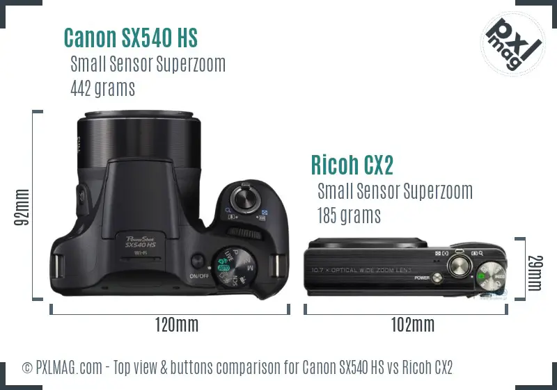 Canon SX540 HS vs Ricoh CX2 top view buttons comparison