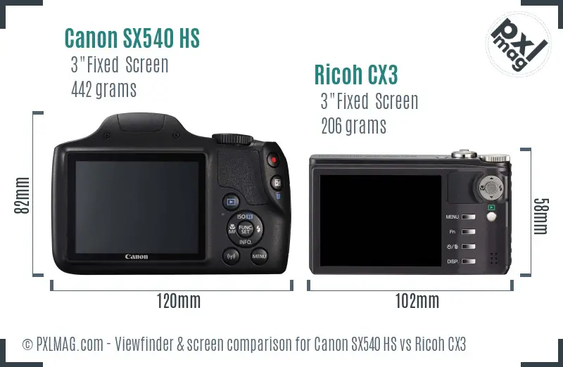 Canon SX540 HS vs Ricoh CX3 Screen and Viewfinder comparison