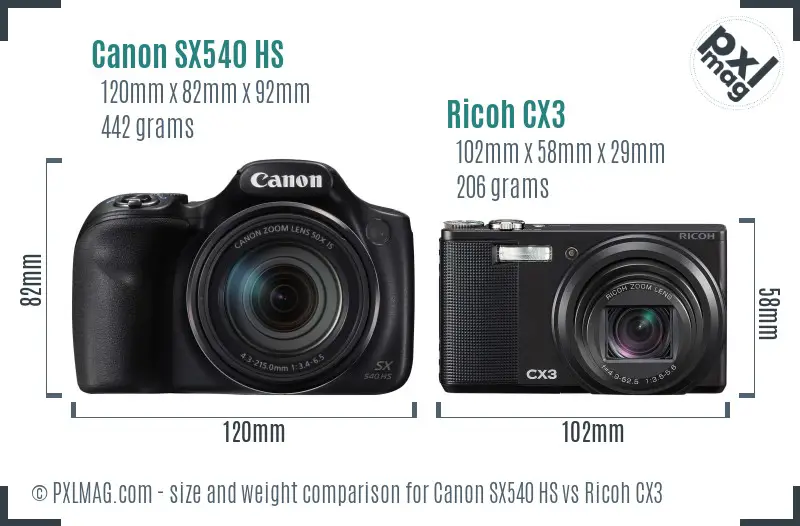 Canon SX540 HS vs Ricoh CX3 size comparison