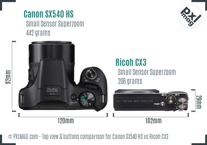 Canon SX540 HS vs Ricoh CX3 top view buttons comparison