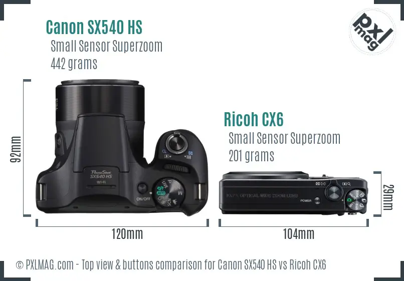 Canon SX540 HS vs Ricoh CX6 top view buttons comparison