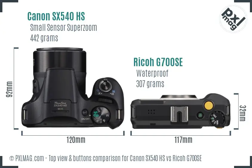 Canon SX540 HS vs Ricoh G700SE top view buttons comparison