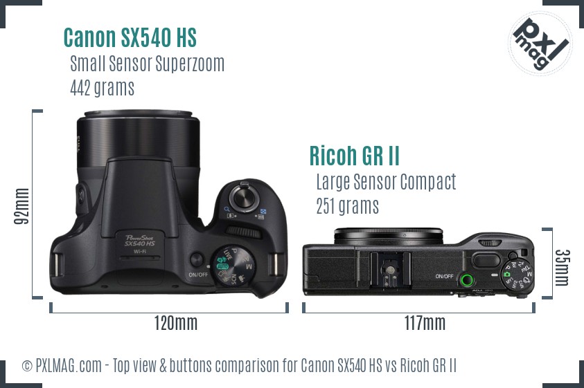Canon SX540 HS vs Ricoh GR II top view buttons comparison
