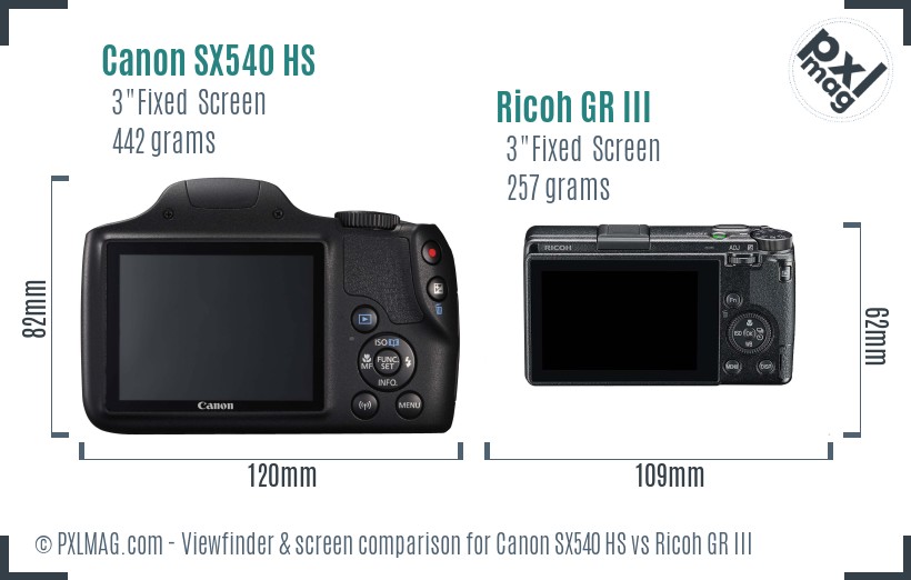 Canon SX540 HS vs Ricoh GR III Screen and Viewfinder comparison