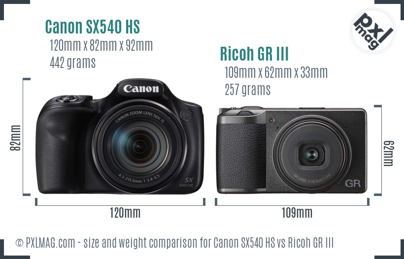 Canon SX540 HS vs Ricoh GR III size comparison