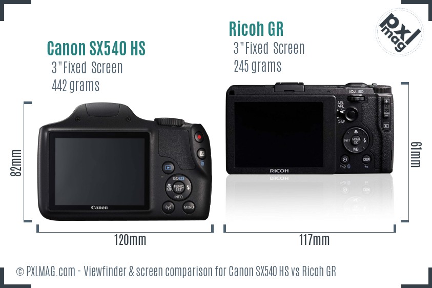 Canon SX540 HS vs Ricoh GR Screen and Viewfinder comparison