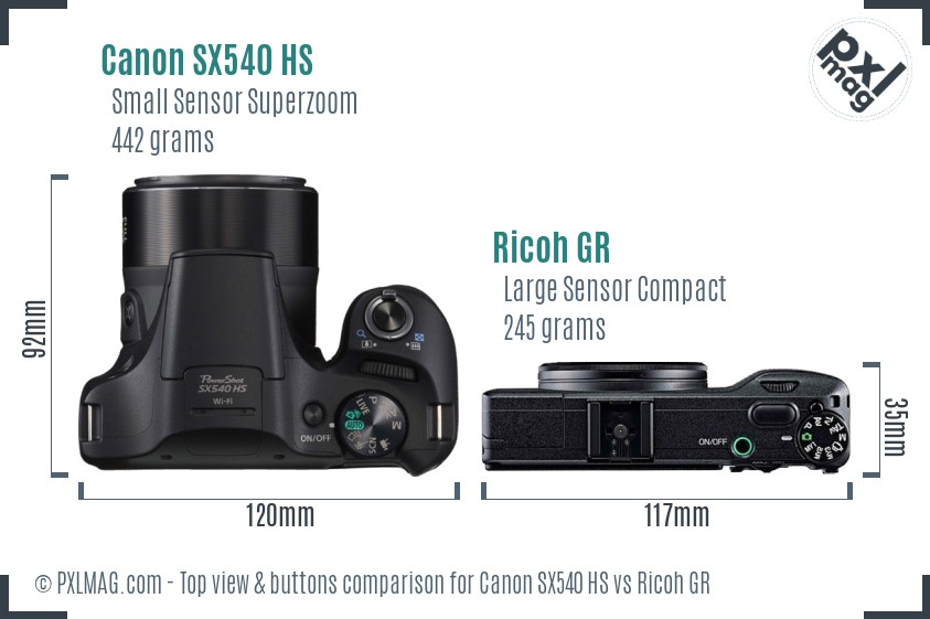 Canon SX540 HS vs Ricoh GR top view buttons comparison